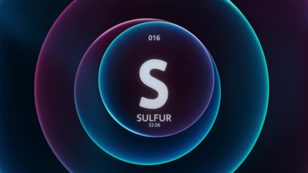 硫磺作为周期表的元素16 抽象红蓝色渐变环上的概念动画无缝回圈背景 科学内容和信息展示背景的标题设计 — 图库视频影像