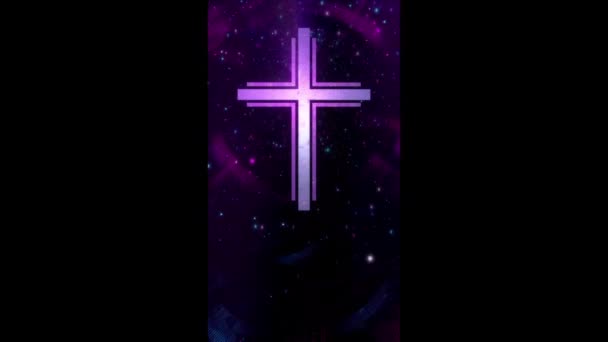 未来派基督徒在空中垂直紫色网络空间环中交叉 概念3D在数字世界中作为现代精神和信仰的宗教标志的罗马天主教科学十字架的动画 — 图库视频影像