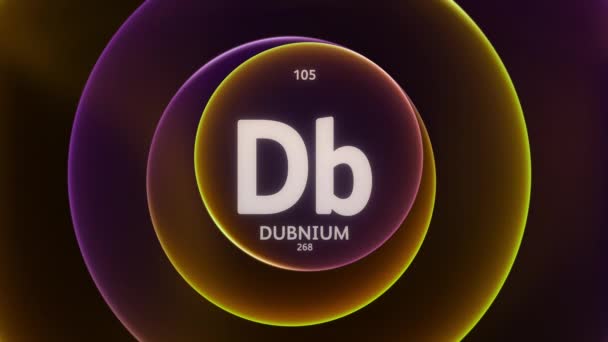 周期表の要素105としてのドゥブニウム 抽象的なオレンジ色の紫色の勾配リング上のコンセプトアニメーションシームレスなループ背景 科学コンテンツとインフォグラフィックショーケースの背景のタイトルデザイン — ストック動画