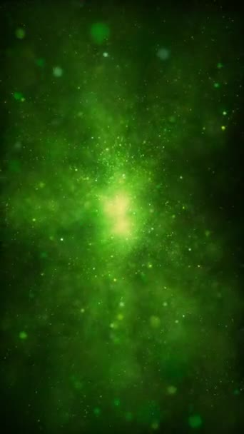 旋转发光绿色颗粒的周围环境Vj环背景 垂直概念3D动画壁纸背景 神奇的迷幻闪烁的闪光灰尘展示柜和复制空间背板 — 图库视频影像