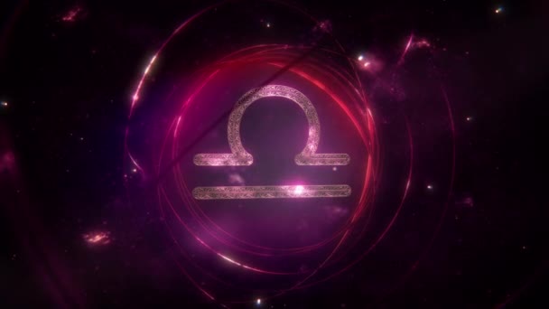 天秤座黄道带星座作为金光闪闪的装饰和紫色星系背景环上的戒指 带有复制空间的神秘占星术符号和社交媒体星相历法的动画概念 — 图库视频影像