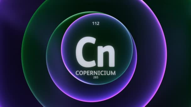 周期表の要素112としてのコペルニクス 抽象緑色の紫色の勾配リングのコンセプトアニメーションシームレスなループ背景 科学コンテンツとインフォグラフィックショーケースの背景のタイトルデザイン — ストック動画