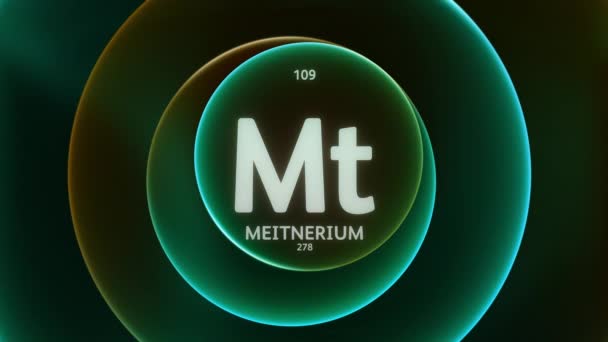 Meitnerium作为元素109的周期表 抽象绿色橙色渐变环上的概念动画无缝回圈背景 科学内容和信息展示背景的标题设计 — 图库视频影像