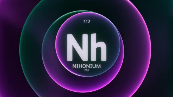 주기율표 113의 성분으로 Nihonium 추상적인 보라색 그라데이션 원활한 배경에 애니메이션 — 비디오