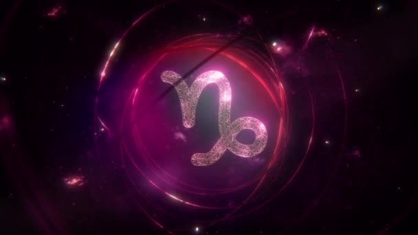 摩羯座黄道带星座作为金光闪闪的装饰和紫色星系背景环上的戒指 带有复制空间的神秘占星术符号和社交媒体星相历法的动画概念 — 图库视频影像