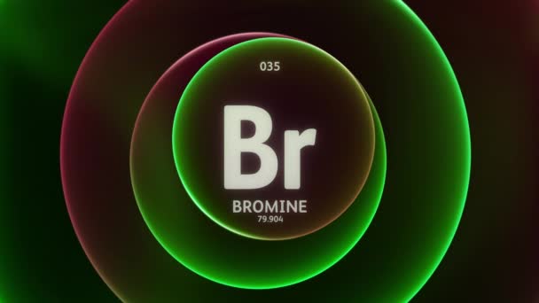 ブロミンは周期表の要素35として 抽象緑色のグラデーションリングのコンセプトアニメーションシームレスループバックグラウンド 科学コンテンツとインフォグラフィックショーケースの背景のタイトルデザイン — ストック動画