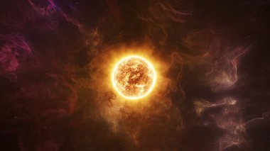 Güneş 'in yüzeyinde püsküren bulutsu bulutlarıyla ilk protostar. Güneş sistemimizin yıldız konsepti 3D çizim. Alevler ve koronal kütle atımları uzaya kavurucu sıcak gazlar salıyor..