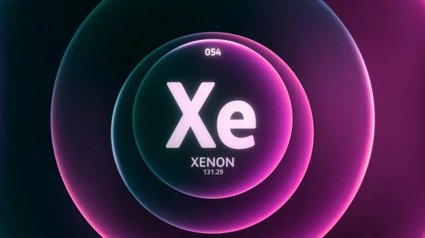 Xenon as Element 54 of the Periodic Table. Concept illustration on abstract green purple gradient rings seamless loop background. Title design for science content and infographic showcase display.
