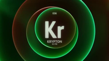 Kripton, Periyodik Tablo 'nun 36. elementi. Soyut yeşil kırmızı gradyan halkaların dikişsiz döngü arkaplanındaki animasyonu kavra. Bilim içeriği ve bilgi ekranı arkaplanı için başlık tasarımı.