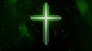 Parlak yeşil siber uzay döngüsünde gelecekteki Hıristiyan haçı. Roma Katolik Bilim Haçı 'nın 3D animasyonunu modern ruhaniliğin ve dijital dünyaya olan inancının dini işareti olarak kabul edin.
