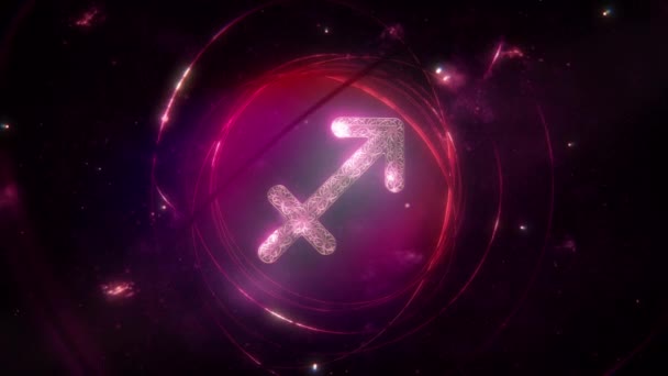 射手座黄道带星座作为金光闪闪的装饰和紫色星系背景环上的戒指 带有复制空间的神秘占星术符号和社交媒体星相历法的动画概念 — 图库视频影像