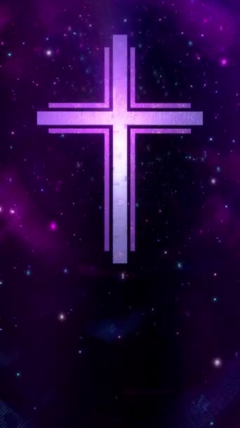 未来派基督徒在空中垂直紫色网络空间环中交叉 概念3D在数字世界中作为现代精神和信仰的宗教标志的罗马天主教科学十字架的动画 — 图库视频影像