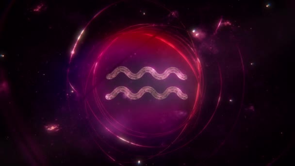 水瓶座黄道带星座作为金光闪闪的装饰和紫色星系背景环上的戒指 带有复制空间的神秘占星术符号和社交媒体星相历法的动画概念 — 图库视频影像