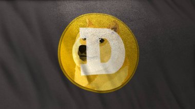 Gri bayrak arka planında DOGE Dogecoin simgesi logosu. DeFi borsasında işlem güvence altına almak için blockchain teknolojisini kullanarak kripto para ve fintech için 3B illüstrasyon kavramı.