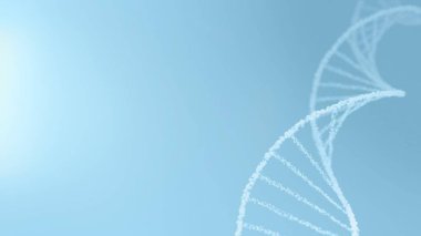 Tam kare kozmetik su kabarcığı DNA 'sı ve hücre damlacıkları olan mRNA. Fütüristik mavi gradyan sunum arkaplanı üzerindeki beyaz sarmalın üç boyutlu yaratıcı tasviri.