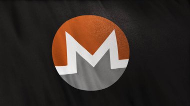 Siyah bayrak arkaplanında XMR Monero para simgesi logosu. DeFi borsasında işlemleri güvence altına almak için engelleme teknolojisi kullanan şifreleme ve fintech için 3D illüstrasyon kavramı.