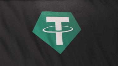 Gri bayrak arka planında USDT Bağlayıcı Sikke simgesi logosu. DeFi borsasında işlem güvence altına almak için blockchain teknolojisini kullanarak kripto para ve fintech için 3B illüstrasyon kavramı.