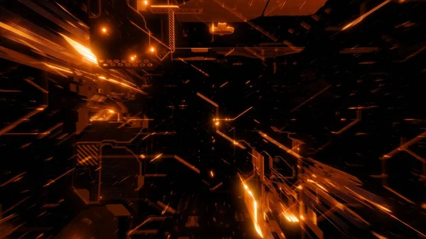 未来的な抽象的なオレンジ色のサイバースペースVrゲームバナーの背景 仮想通貨とブロックチェーン技術のライブストリームデザインコンセプト ソーシャルメディアコンテンツのコピースペースを備えた3Dアニメーションバックプレート — ストック写真
