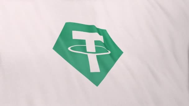 Usdt Tether Ikona Mince Logo Šedém Praporu Pozadí Vlajky Koncepce — Stock video