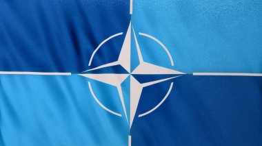 Kiev, Ukrayna - 25 Şubat 2022: NATO askeri ittifak bayrağı UHD bayrak kapanışı, 3D illüstrasyon. Gerçekçi Kuzey Atlantik Antlaşması Organizasyonu Rüzgarda dalgalanan bayrak.