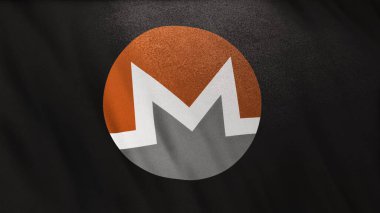 Siyah bayrak arkaplanında XMR Monero para simgesi logosu. DeFi borsasında işlemleri güvence altına almak için engelleme teknolojisi kullanan şifreleme ve fintech için 3D illüstrasyon kavramı.