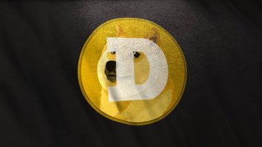 Siyah bayrak arka planında DOGE Dogecoin simgesi logosu. DeFi borsasında işlemleri güvence altına almak için engelleme teknolojisi kullanan şifreleme ve fintech için 3D illüstrasyon kavramı.