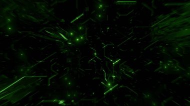 Dijital soyut uzayın siyah arkaplanı üzerine yeşil afiş çizimi, geometrik tasarım içinde yapay büyük veriler ve Al-crypto engelleme zinciri kavramları tasvir edilir.