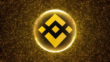 BNB Binance Coin soyut fütüristik dijital kripto para birimi arka planı ve engelleme zinciri bilgi teknolojisi kavramı. Ticaret ve fintech için üç boyutlu ikili kod parçacıkları çizimi.