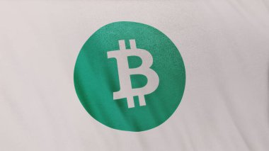 Beyaz bayrak arka planında BTC Bitcoin Cash Coin simgesi. DeFi borsasında işlemleri güvence altına almak için engelleme teknolojisi kullanan şifreleme ve fintech için 3D illüstrasyon kavramı.