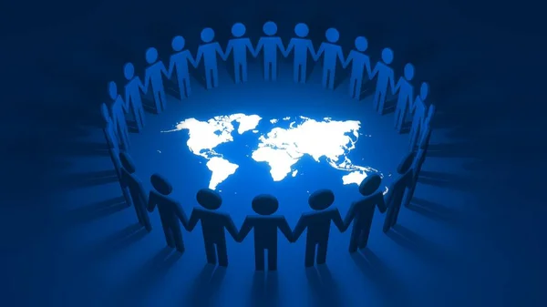 一群精雕细琢的人手牵着手 围绕着蓝色背景的白色世界地图形成了一个相互联系的联盟与合作的圈子 社区与融合的3D图解概念 — 图库照片