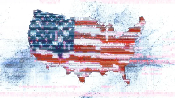 抽象的なデジタルコードの背景の米国のシルエットの米国旗にグリッチ 国家のサイバーセキュリティ意識 安全なインターネット 詐欺攻撃のための3Dイラストコンセプト — ストック写真