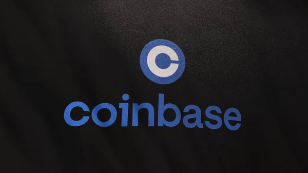 Coinbase Exchange logo on black flag banner background. Concept 3D illustration for cryptocurrency and fintech using blockchain technology to secure transactions in stock exchange DeFi market.