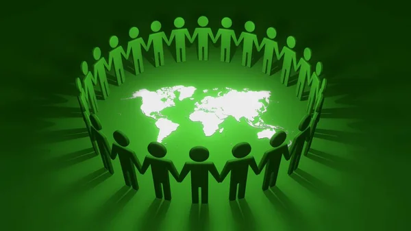 一群精雕细琢的人手牵着手 围绕着绿色背景的白色世界地图形成了一个相互联系的联盟与合作的圈子 社区与融合的3D图解概念 — 图库照片
