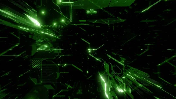 数字抽象空间黑色背景下的绿色横幅3D图解 在几何设计中描述模拟大数据和Ai加密算法块链概念 — 图库照片