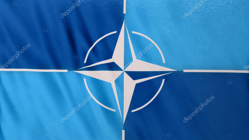 Kiev, Ukraine - February 25th 2022: NATO military alliance flag closeup UHD flag banner background, 3d illustration. Realistic North Atlantic Treaty Organization Flag backdrop banner waving in wind.