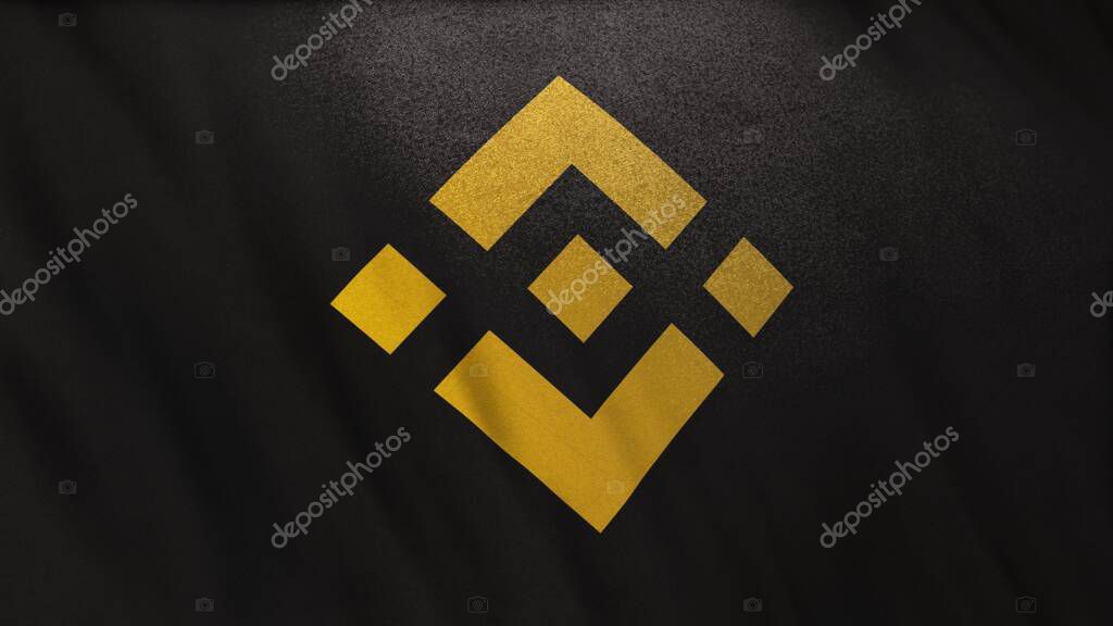 BNB Binance Coin icon logo on black flag banner background. Concept 3D illustration for cryptocurrency and fintech using blockchain technology to secure transactions in stock exchange DeFi market.