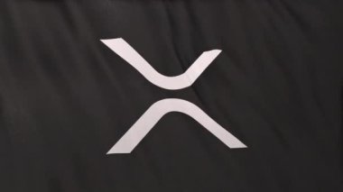 Siyah bayrak arkaplanında XRP dalgalı sikke simgesi logosu. DeFi borsasında işlem güvence altına almak için blockchain teknolojisi kullanan şifreleme ve fintech için 3D animasyon.