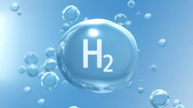H2 Hidrojen başlıklı su kabarcığı. Şeffaf tarzda su molekülü ile 3 boyutlu animasyon bio-bilgi grafikleri. Yenilenebilir yakıt yeşil enerji ekolojisi, biyoloji ve biyokimya kavramı