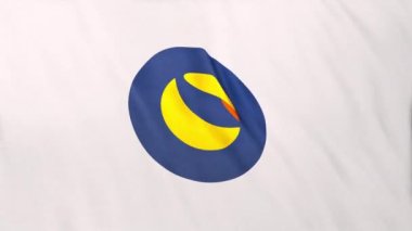 Beyaz bayrak arka planında Terra LUNA madeni para simgesi logosu. DeFi borsasında işlem güvence altına almak için blockchain teknolojisi kullanan şifreleme ve fintech için 3D animasyon.