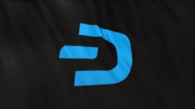 Siyah bayrak arkaplanında DASH Sikke simgesi logosu. DeFi borsasında işlem güvence altına almak için blockchain teknolojisi kullanan şifreleme ve fintech için 3D animasyon.