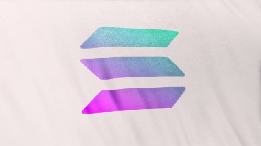 Beyaz bayrak arkaplanında SOL Solana Bozuk Para simgesi logosu. DeFi borsasında işlemleri güvence altına almak için engelleme teknolojisi kullanan şifreleme ve fintech için 3D illüstrasyon kavramı.