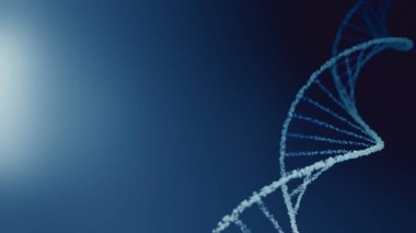 Tam kare kozmetik su kabarcığı DNA 'sı ve hücre damlacıkları olan mRNA. Fütüristik mavi gradyan sunum arkaplanı üzerindeki beyaz sarmalın üç boyutlu yaratıcı tasviri.