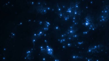 Mavi ışıklandırılmış plazma nanoteknoloji parçacık enerji pankartı arka planı. Işık fotonlarının üç boyutlu soyut animasyon konsepti. Gelecekteki yapay zeka hesaplamalarında kuantum yerçekimi dolanıklığı.