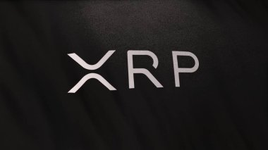 Siyah bayrak arkaplanında XRP dalgalı sikke simgesi logosu. DeFi borsasında işlemleri güvence altına almak için engelleme teknolojisi kullanan şifreleme ve fintech için 3D illüstrasyon kavramı.