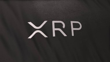 Gri bayrak arka planında XRP dalgalı sikke simgesi logosu. DeFi borsasında işlem güvence altına almak için blockchain teknolojisini kullanarak kripto para ve fintech için 3B illüstrasyon kavramı.