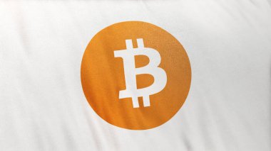 Beyaz bayrak arka planında BTC Bitcoin simgesi logosu. DeFi borsasında işlemleri güvence altına almak için blockchain teknolojisini kullanarak kripto para madenciliği ve fintech için 3D illüstrasyon.