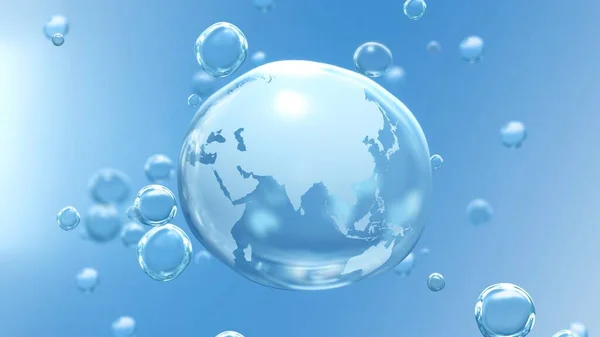 Planet Earth in crystal transparent drop on blue bubble background showing Asia and Australia. Abstract concept 3D animation for World Water Day, clean sustainable resources and global climate change.