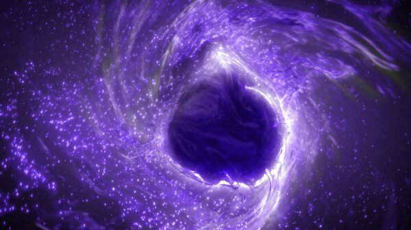 Abstract purple white cosmic illuminated particles orbiting a mesmerizing swirl vortex. 3D illustration concept template background for meditation, religious and ethereal events, and celebration.