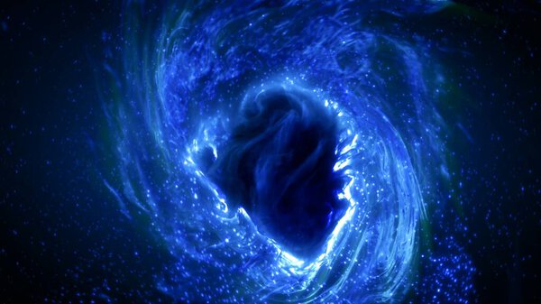 Абстрактные синие светящиеся частицы кружатся вокруг тёмного облачного ядра. Концепция 3D иллюстрации мистического искусственного интеллекта, развивающегося и вращающегося как коллективный интеллектуальный синтетический организм
