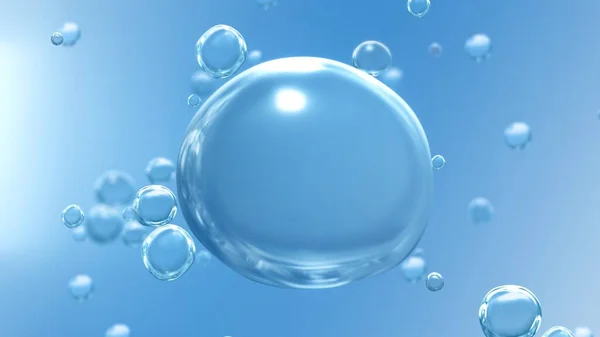 Big crystal transparent drop with copy space on blue water bubble background. Abstract concept 3D illustration for eco renewables, sustainable resources, medical health care, and hydro power energy.